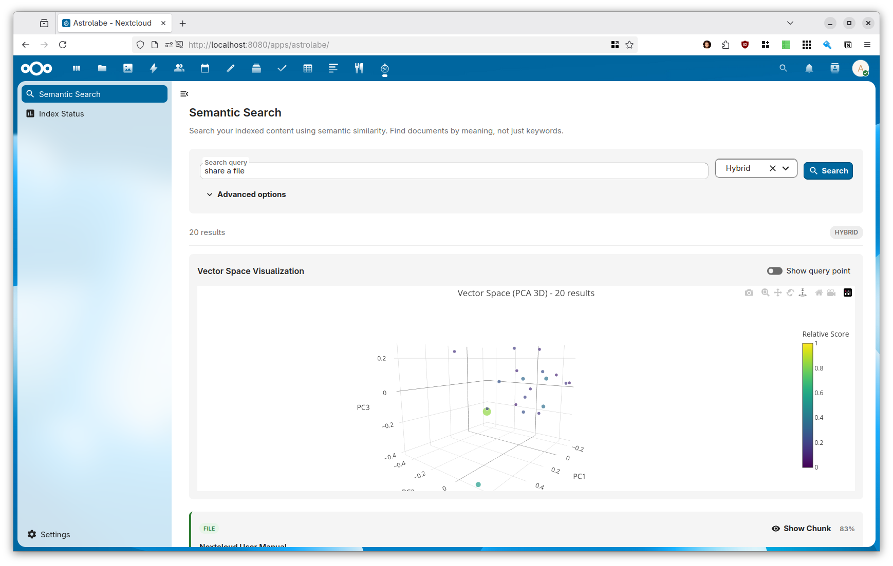 Astrolabe's semantic search results with an interactive vector-space visualization of how documents relate.