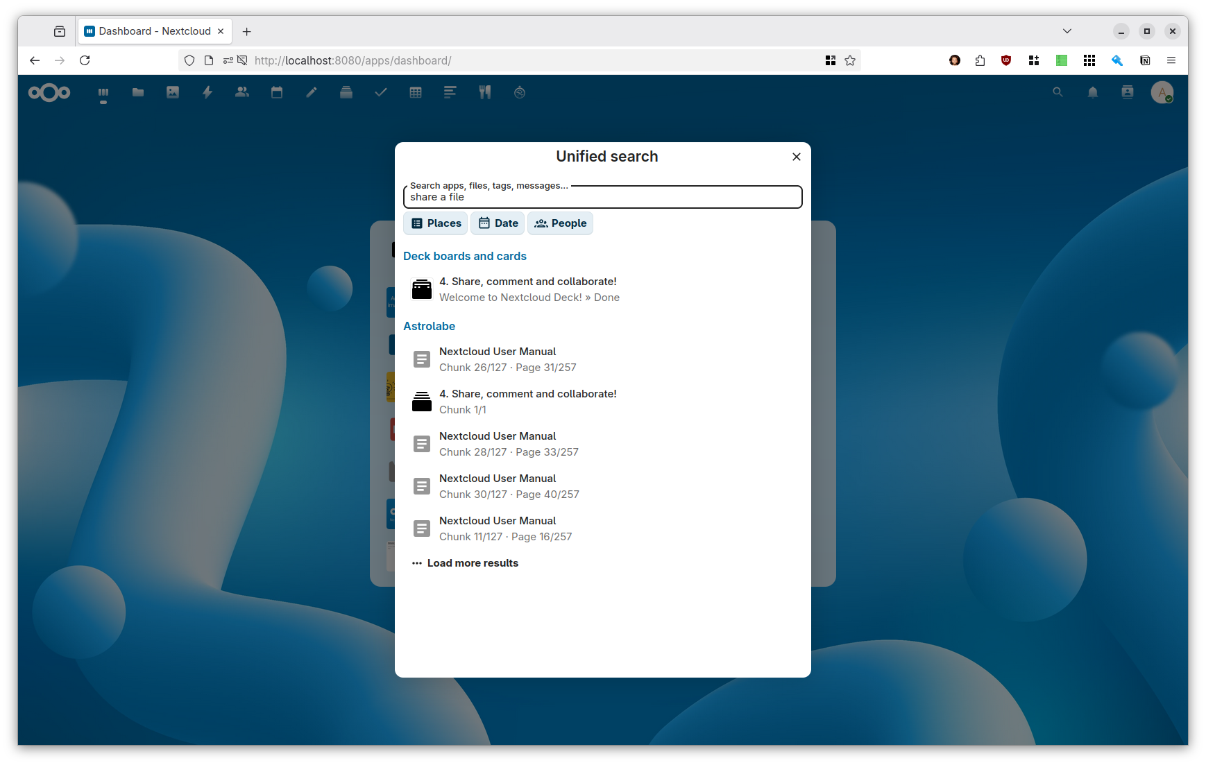 Astrolabe results inside Nextcloud's unified search bar — a plain-language query surfacing relevant files and Deck cards.